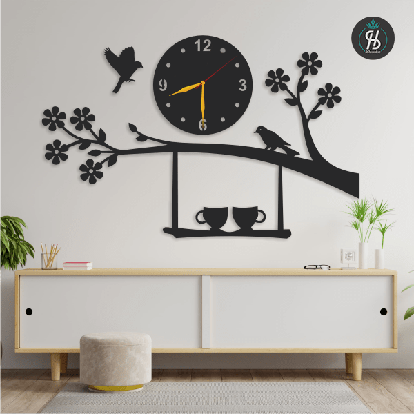 Birds On Tree With Cups Wooden Wall Clock